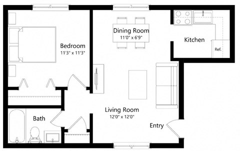 Floor plan for 1 bed, 1 bath, 534 sqft